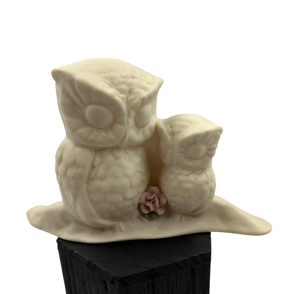 Vintage Handmade Ceramic Mother Baby‎ Owls Signed Sculpture Figurine Pink Rose
